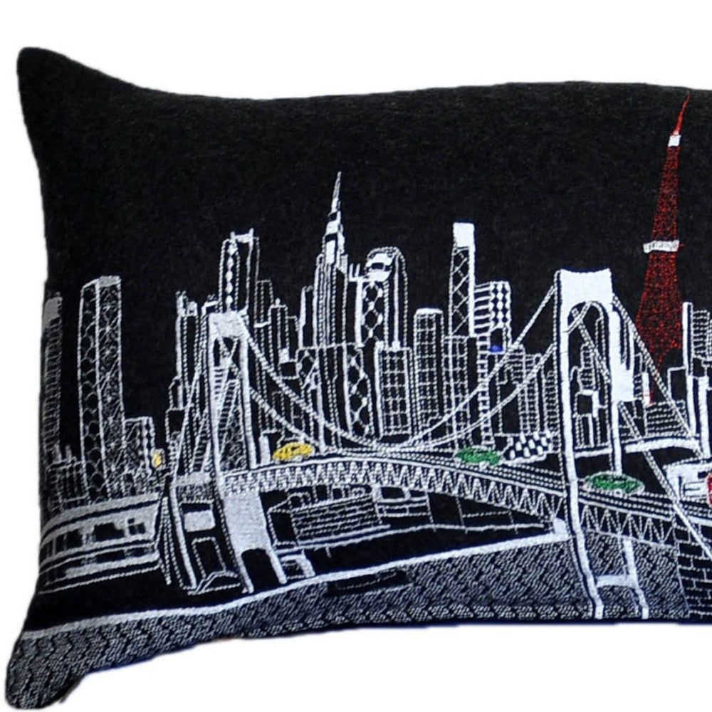 14" X 46" Black Gray and White Wool Zippered Pillow