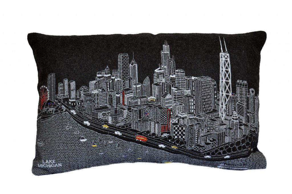 25" Black Chicago Nighttime Skyline Lumbar Decorative Pillow