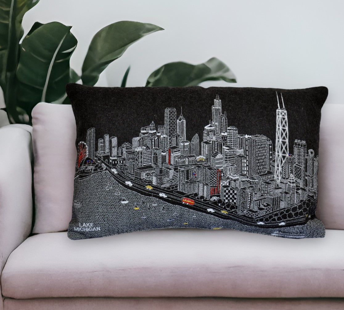 25" Black Chicago Nighttime Skyline Lumbar Decorative Pillow