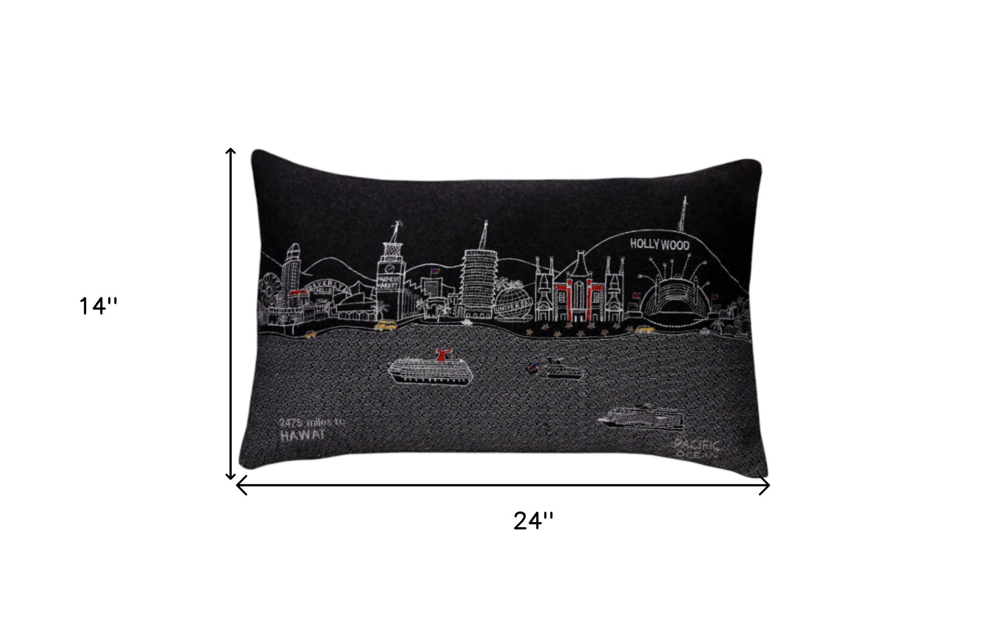 25" Black Los Angeles Nighttime Skyline Lumbar Decorative Pillow