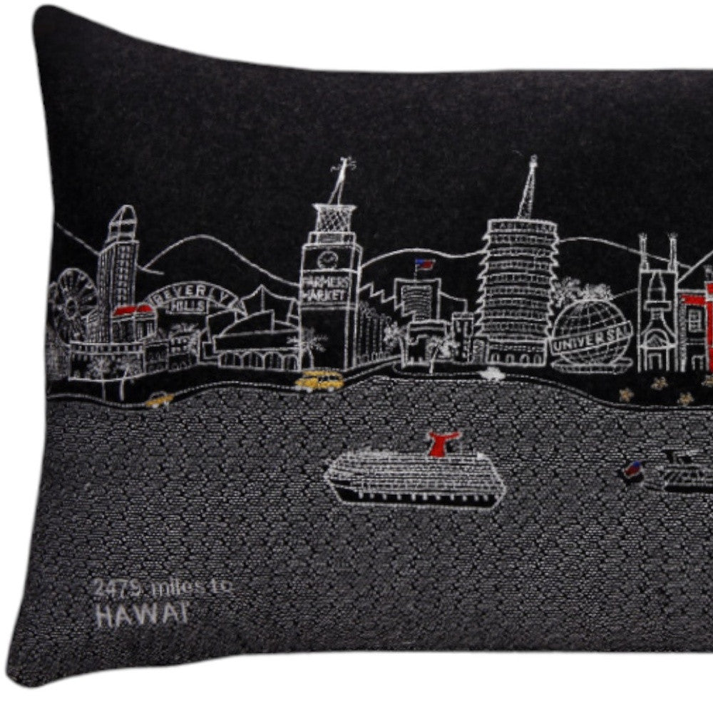 25" Black Los Angeles Nighttime Skyline Lumbar Decorative Pillow