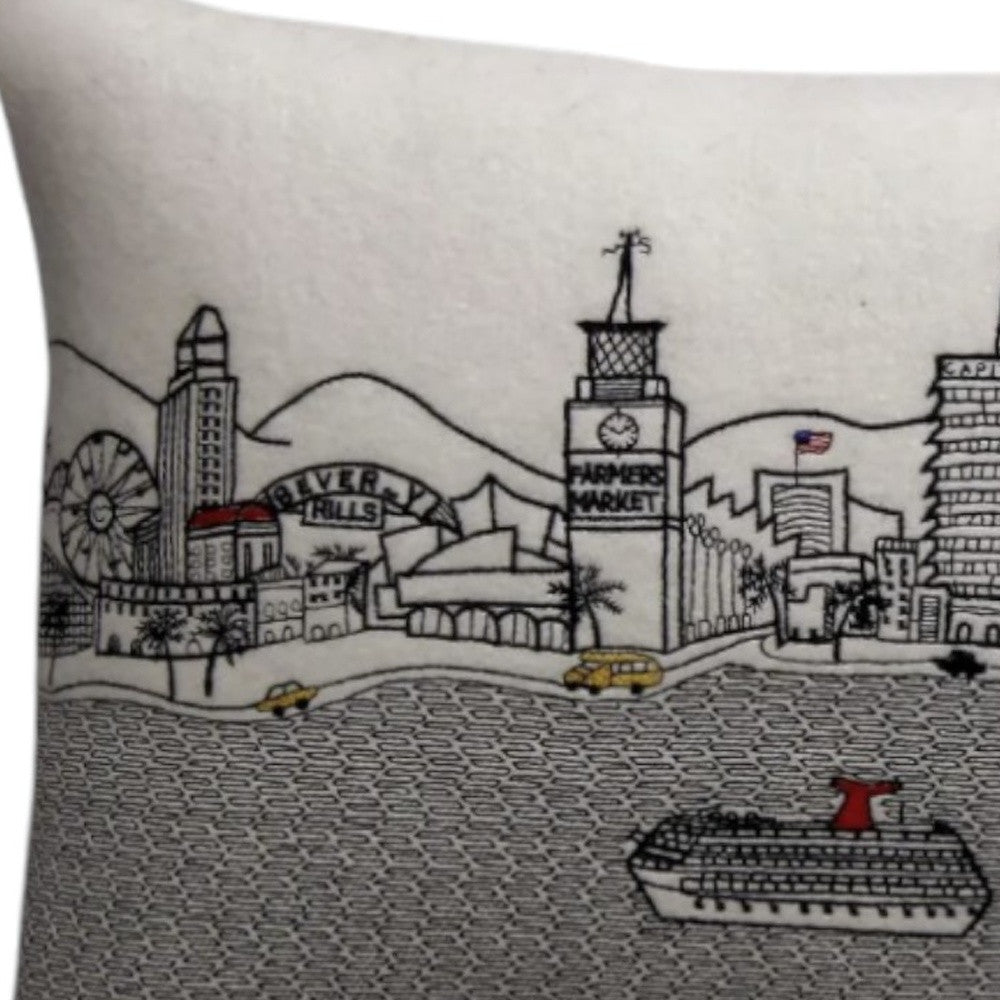 25" White Los Angeles Daylight Skyline Lumbar Decorative Pillow