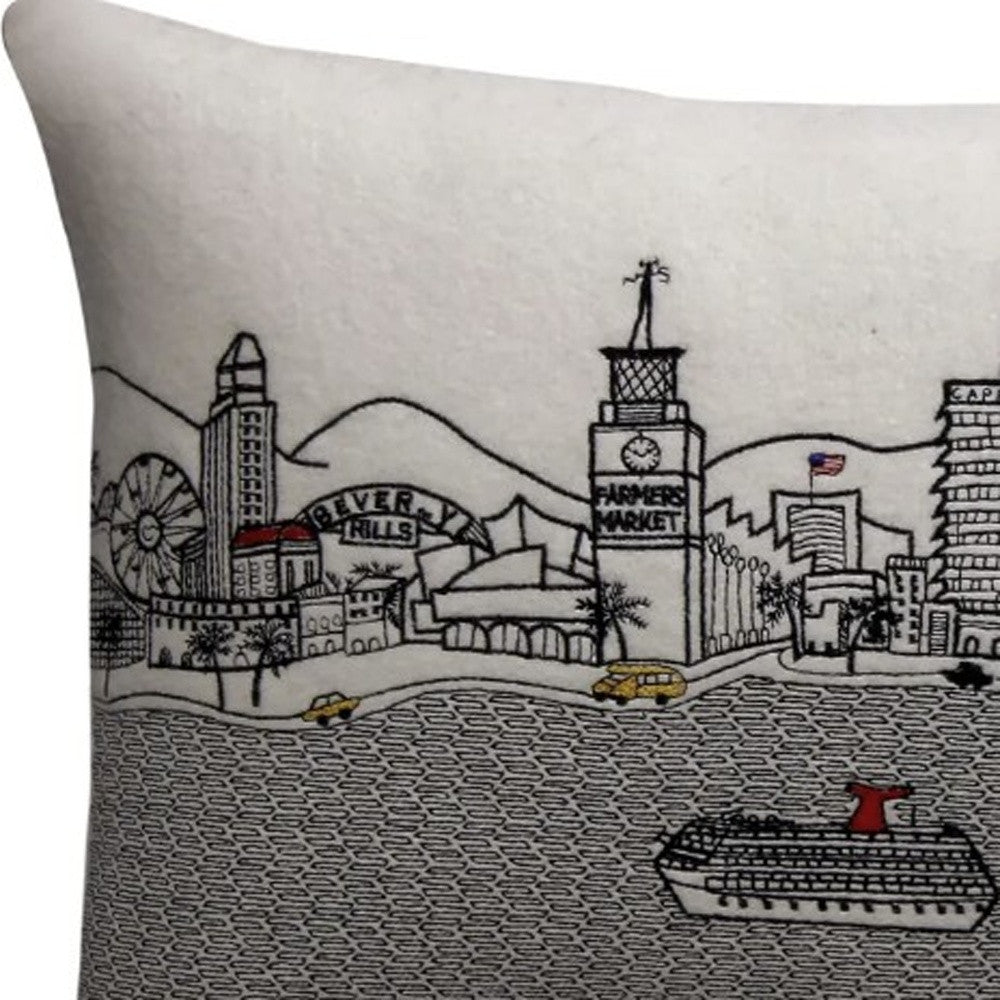 25" White Los Angeles Daylight Skyline Lumbar Decorative Pillow