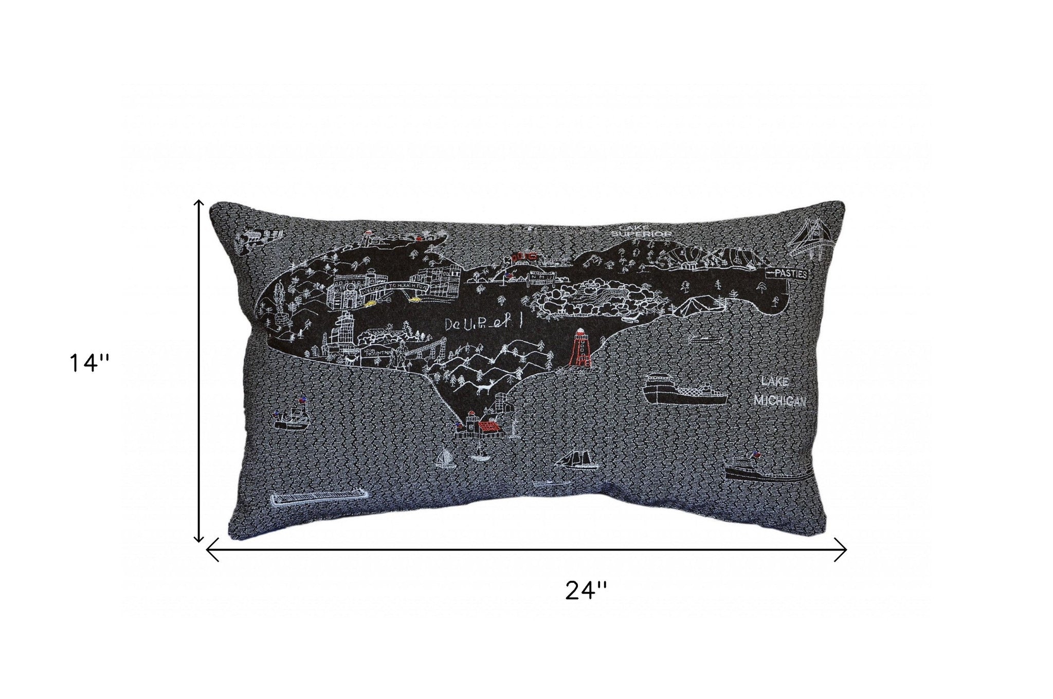 25" Black Michigan Upper Peninsula Nighttime Skyline Lumbar Decorative Pillow