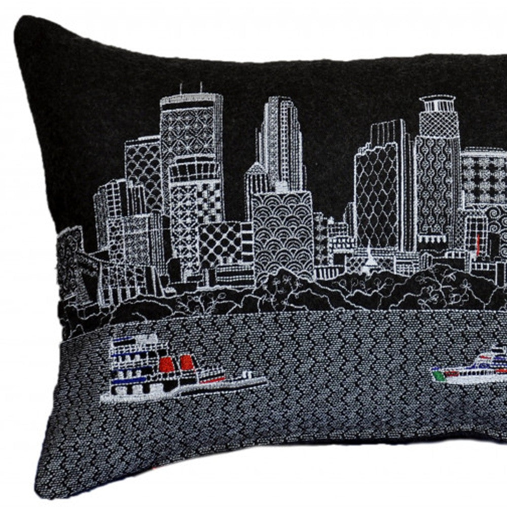 25" Black Minneapolis Nighttime Skyline Lumbar Decorative Pillow