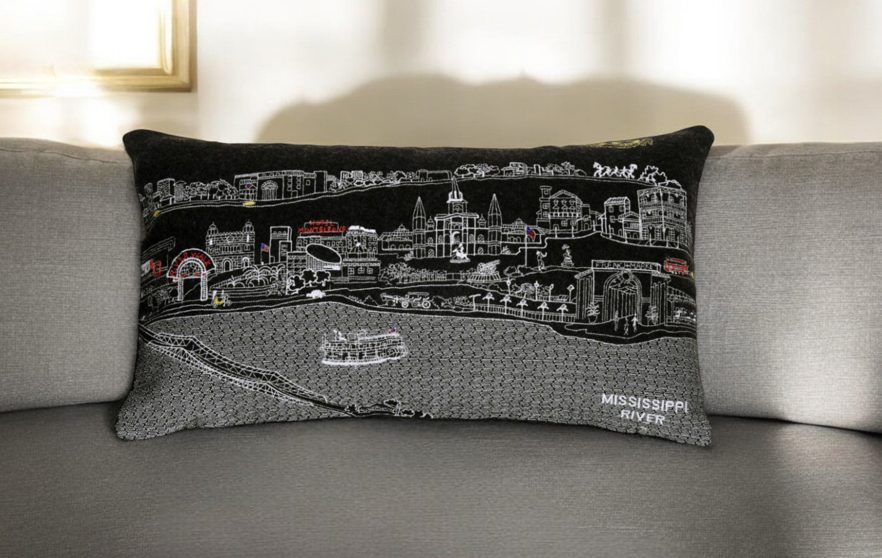 25" Black New Orleans Nighttime Skyline Lumbar Decorative Pillow