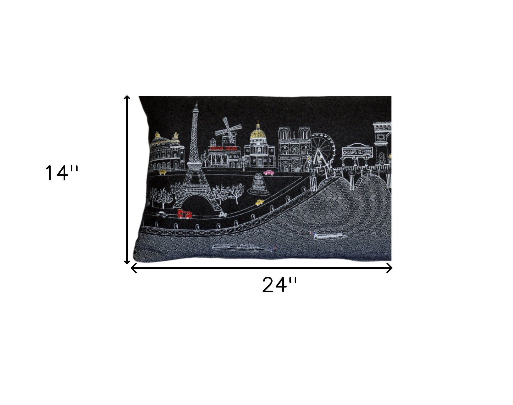 25" Black Paris Nighttime Skyline Standard Lumbar Decorative Pillow