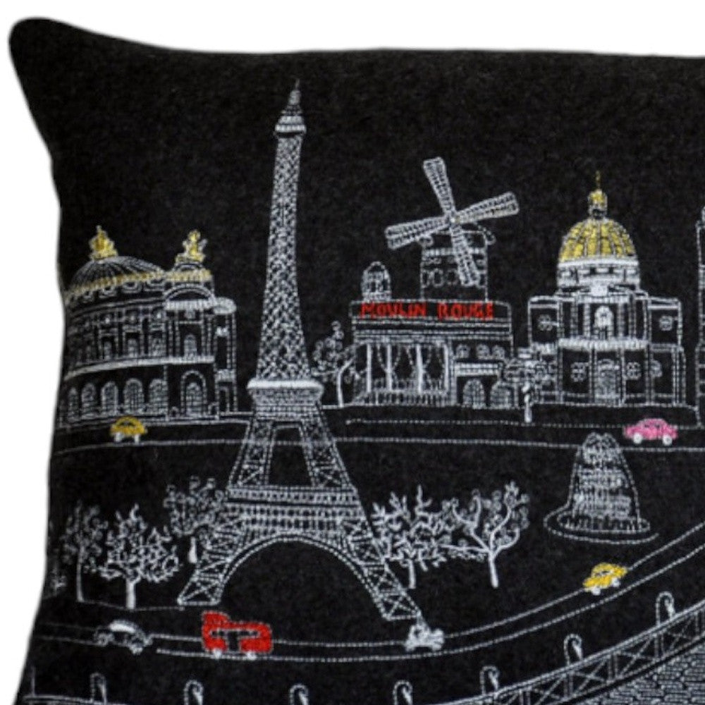 25" Black Paris Nighttime Skyline Standard Lumbar Decorative Pillow