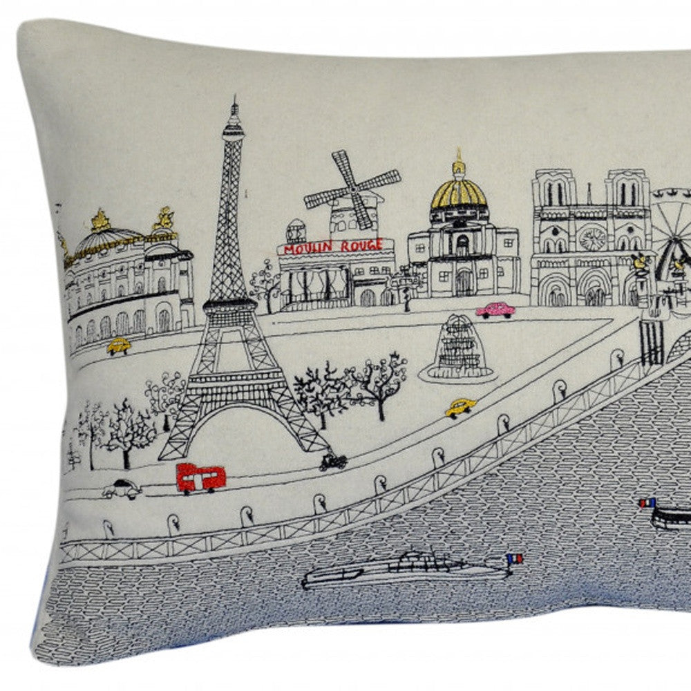 25" White Paris Daylight Skyline Lumbar Decorative Pillow