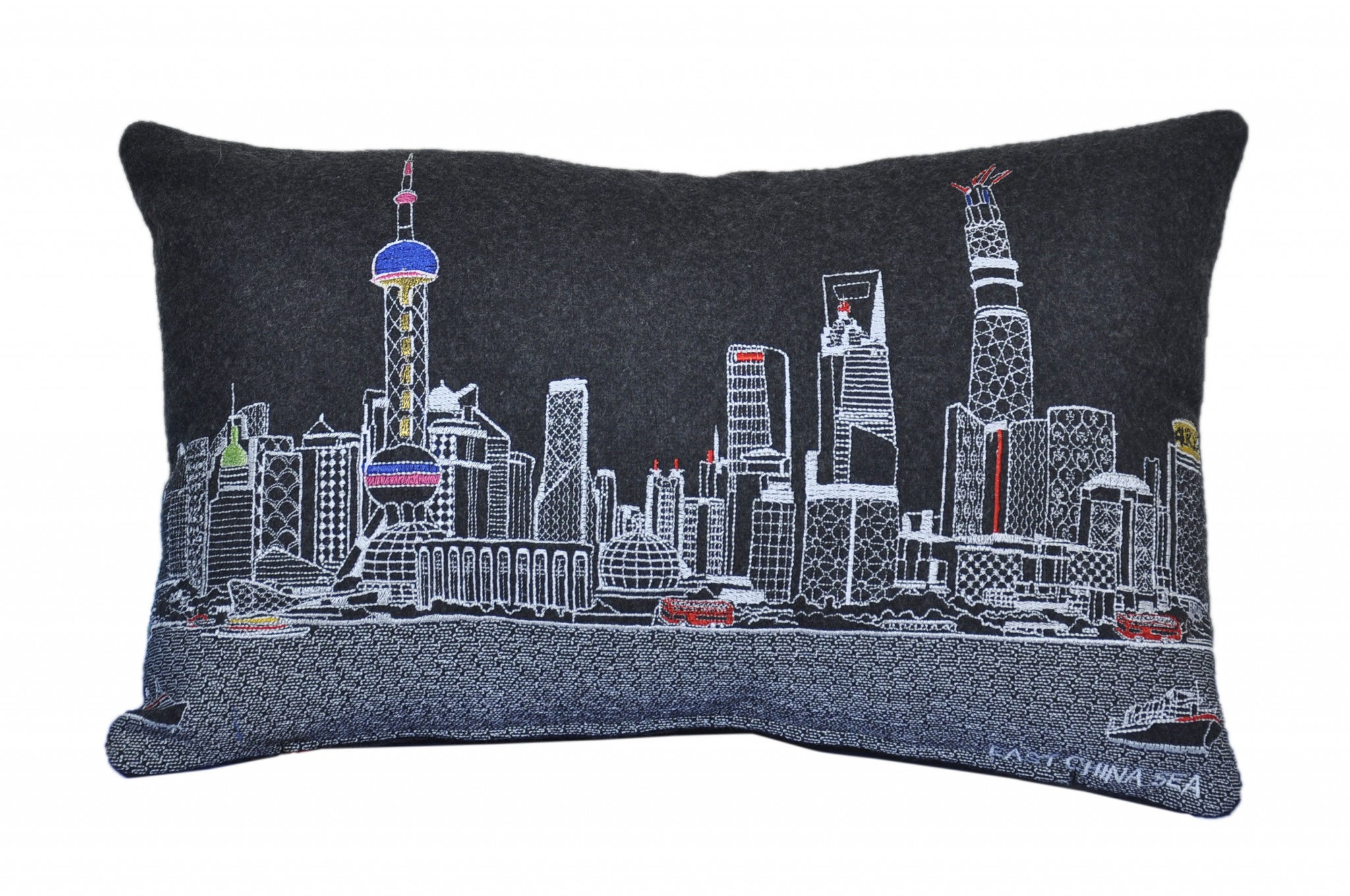 25" Black Shanghai  Nighttime Skyline Lumbar Decorative Pillow