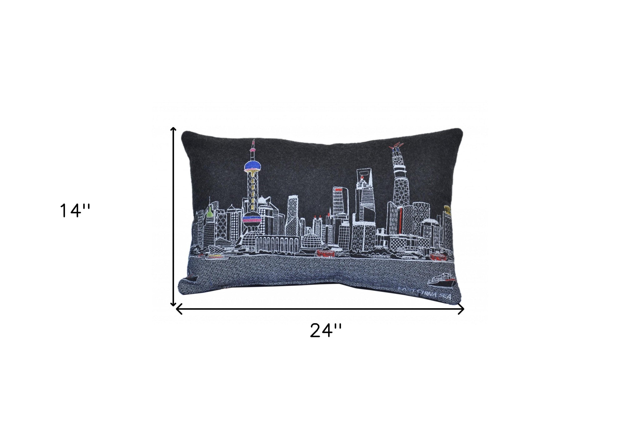 25" Black Shanghai  Nighttime Skyline Lumbar Decorative Pillow