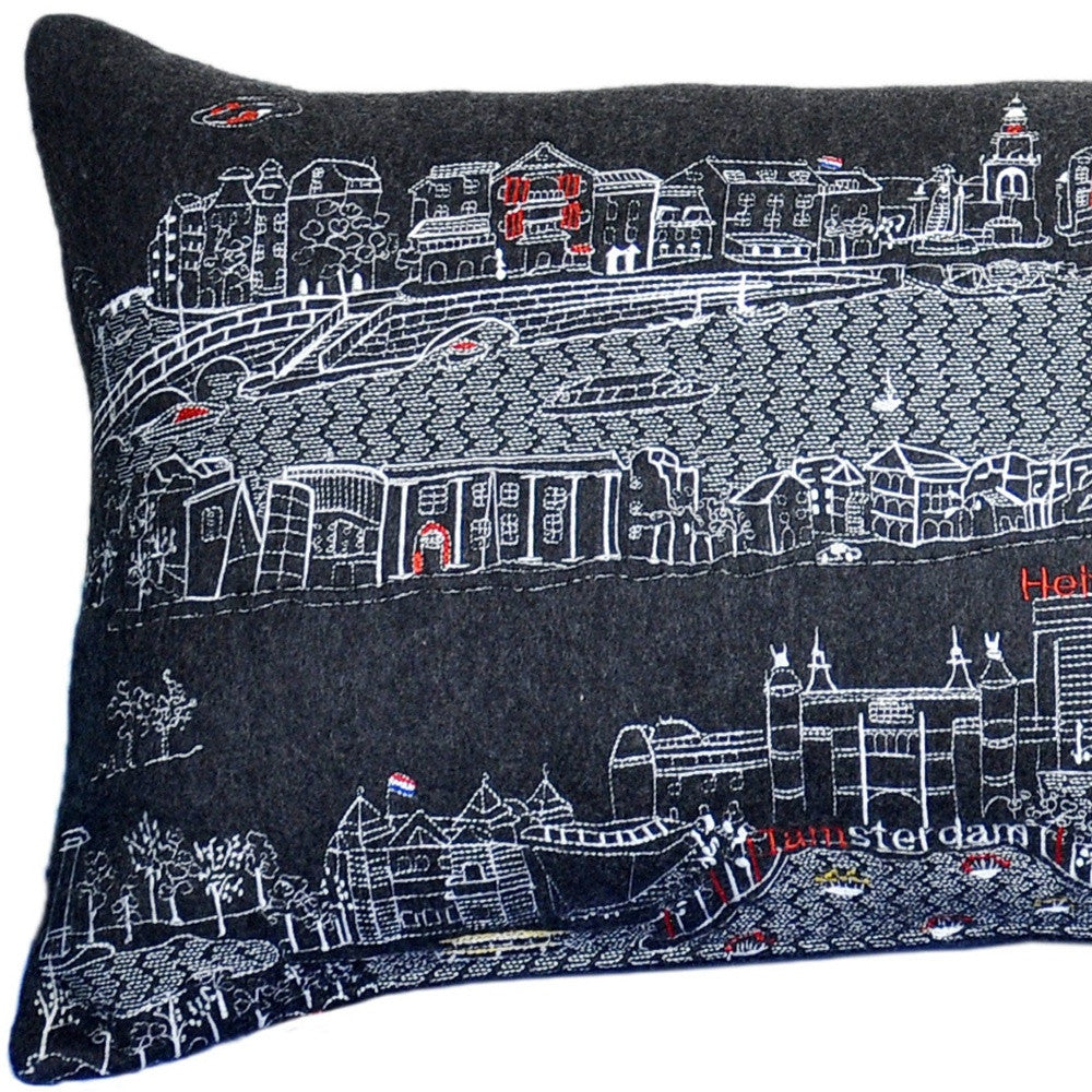 35" Black Amsterdam Nighttime Skyline Lumbar Decorative Pillow