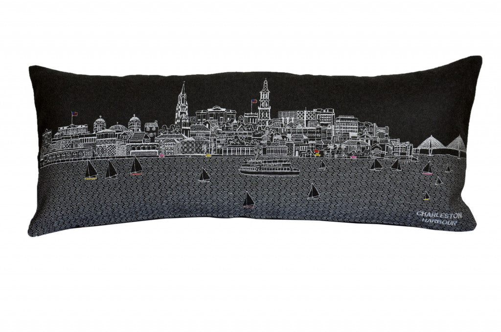 35" Black Charleston Nighttime Skyline Lumbar Decorative Pillow