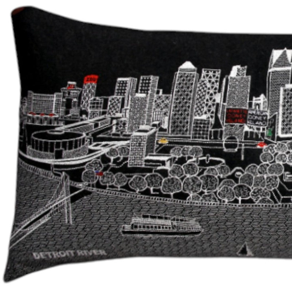 35" Black Detroit Nighttime Skyline Lumbar Decorative Pillow