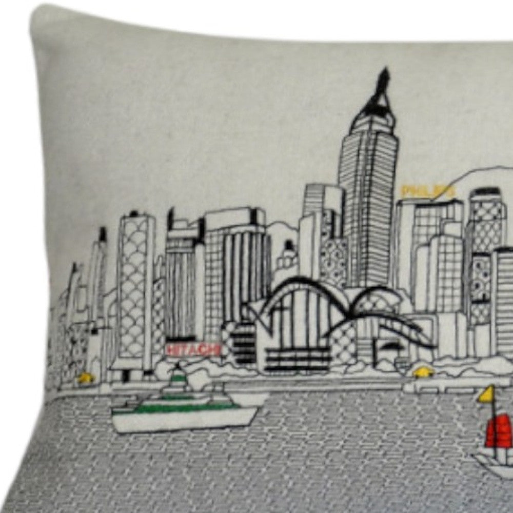 35" White Hong Kong Daylight Skyline Lumbar Decorative Pillow