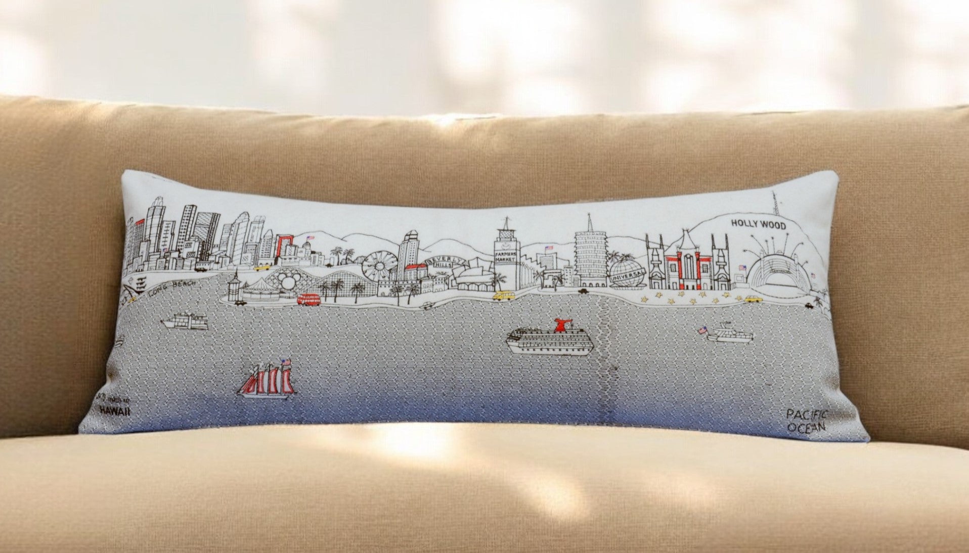 35" White Los Angeles Daylight Skyline Lumbar Decorative Pillow