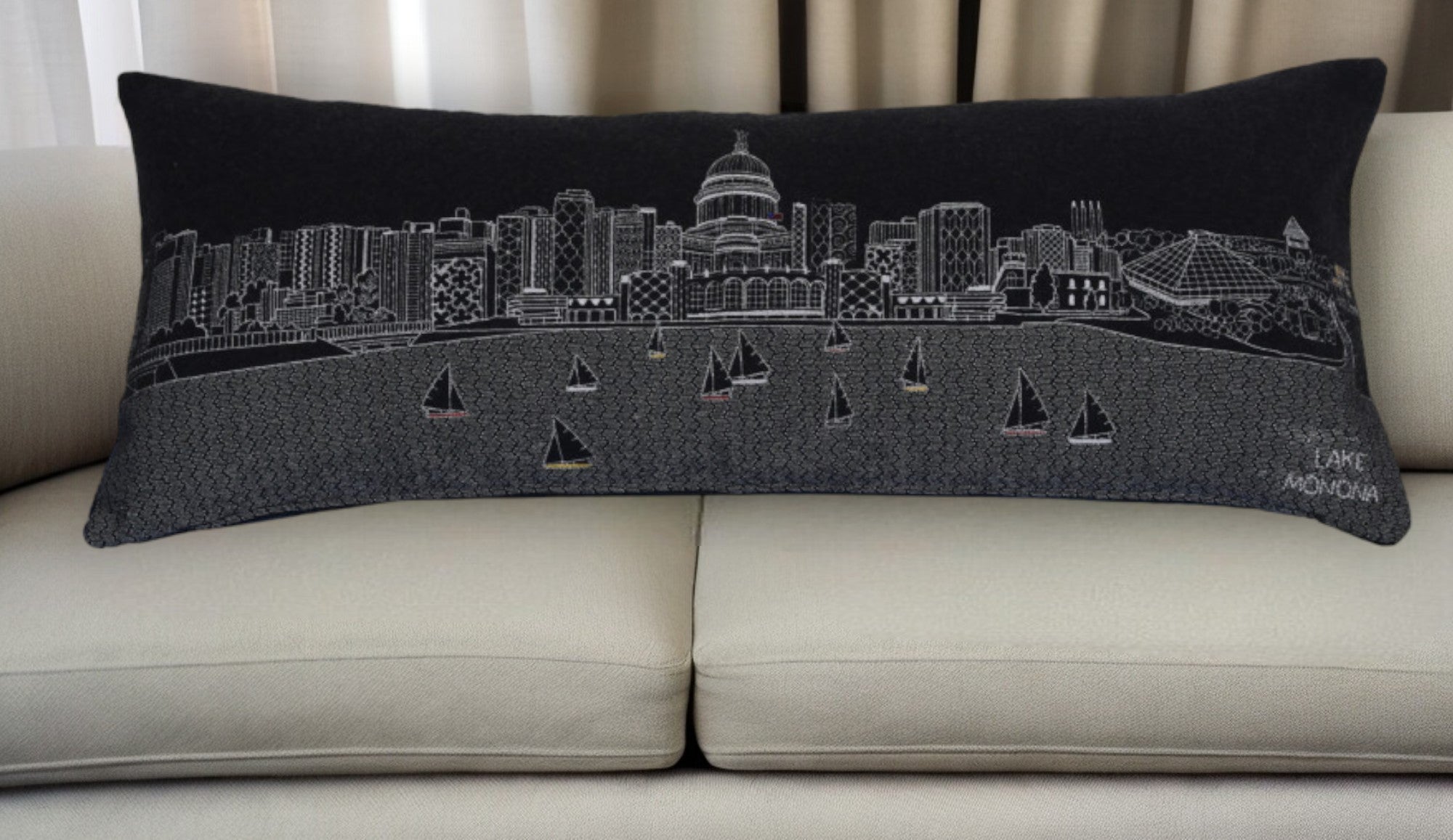 35" Black Madison Nighttime Skyline Lumbar Decorative Pillow