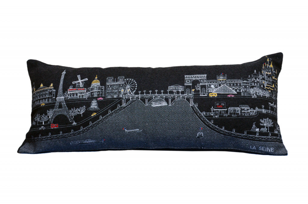 35" Black and White Paris Nighttime Skyline Standard Lumbar Decorative Pillow