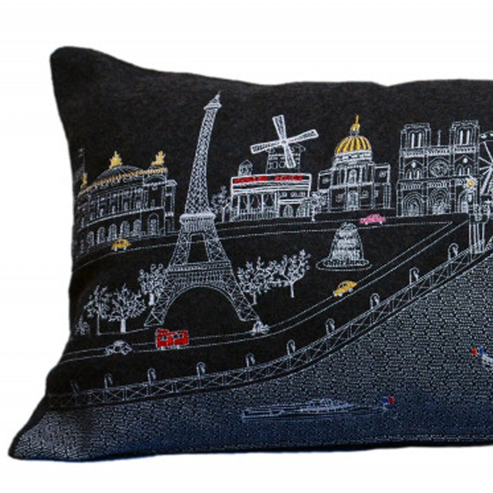 35" Black and White Paris Nighttime Skyline Standard Lumbar Decorative Pillow