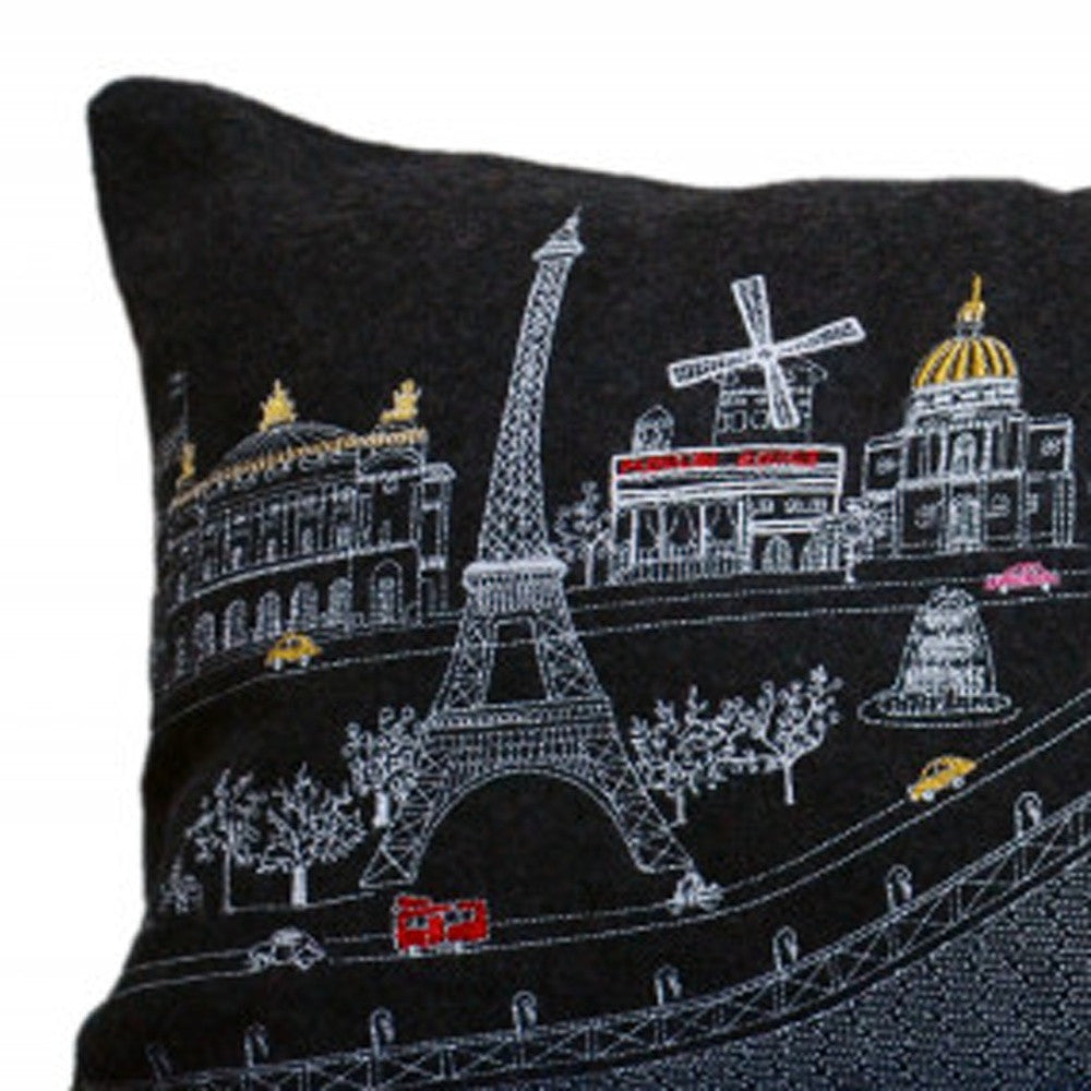 35" Black and White Paris Nighttime Skyline Standard Lumbar Decorative Pillow