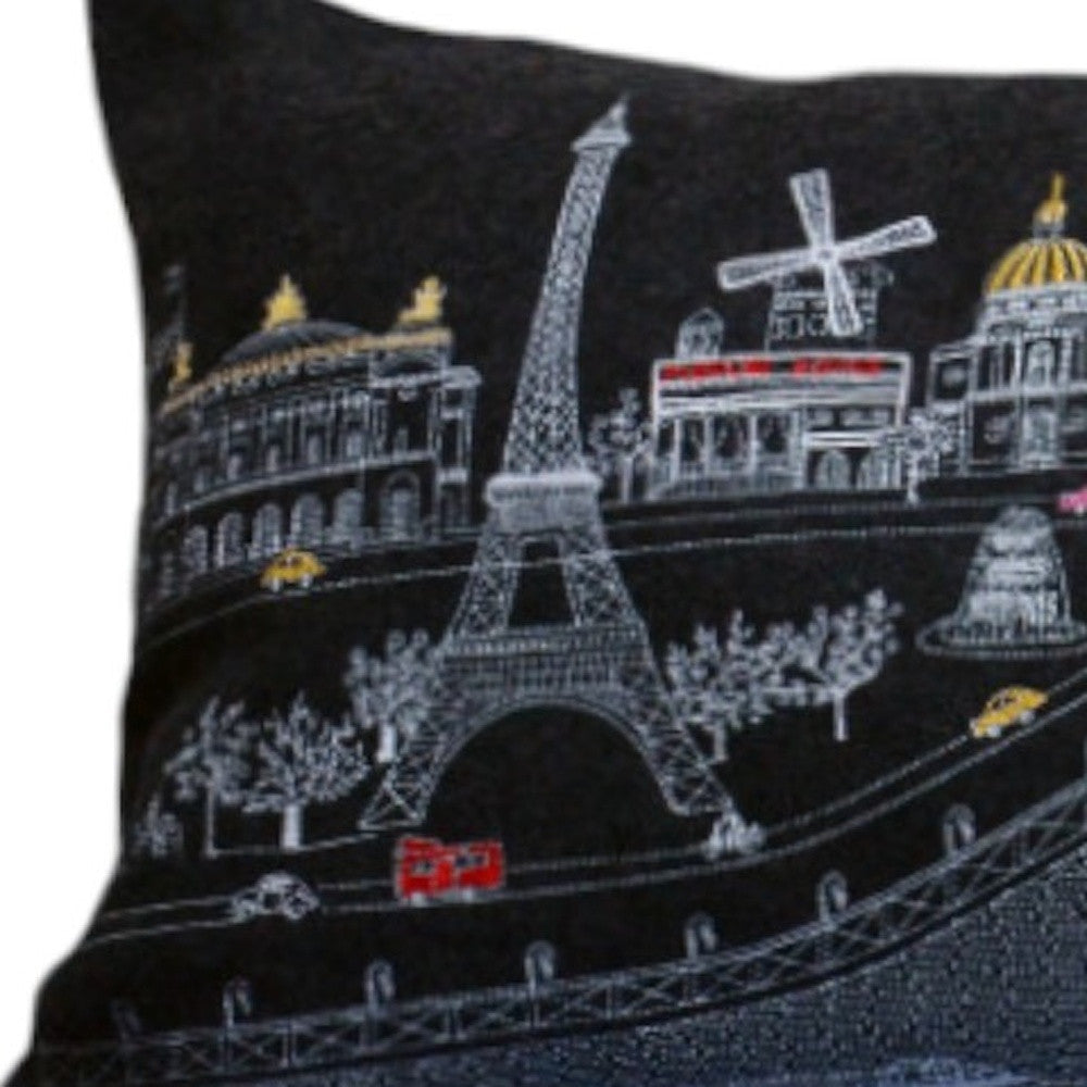 35" Black Paris Nighttime Skyline Standard Lumbar Decorative Pillow