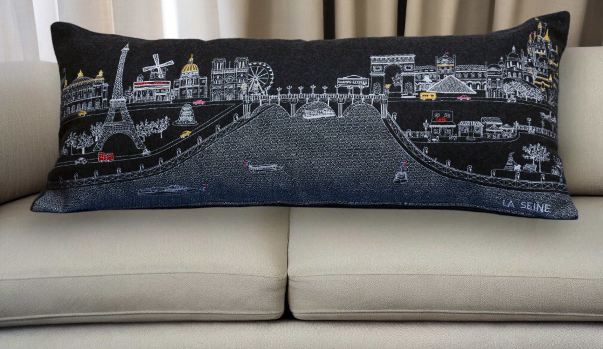 35" Black and White Paris Nighttime Skyline Standard Lumbar Decorative Pillow