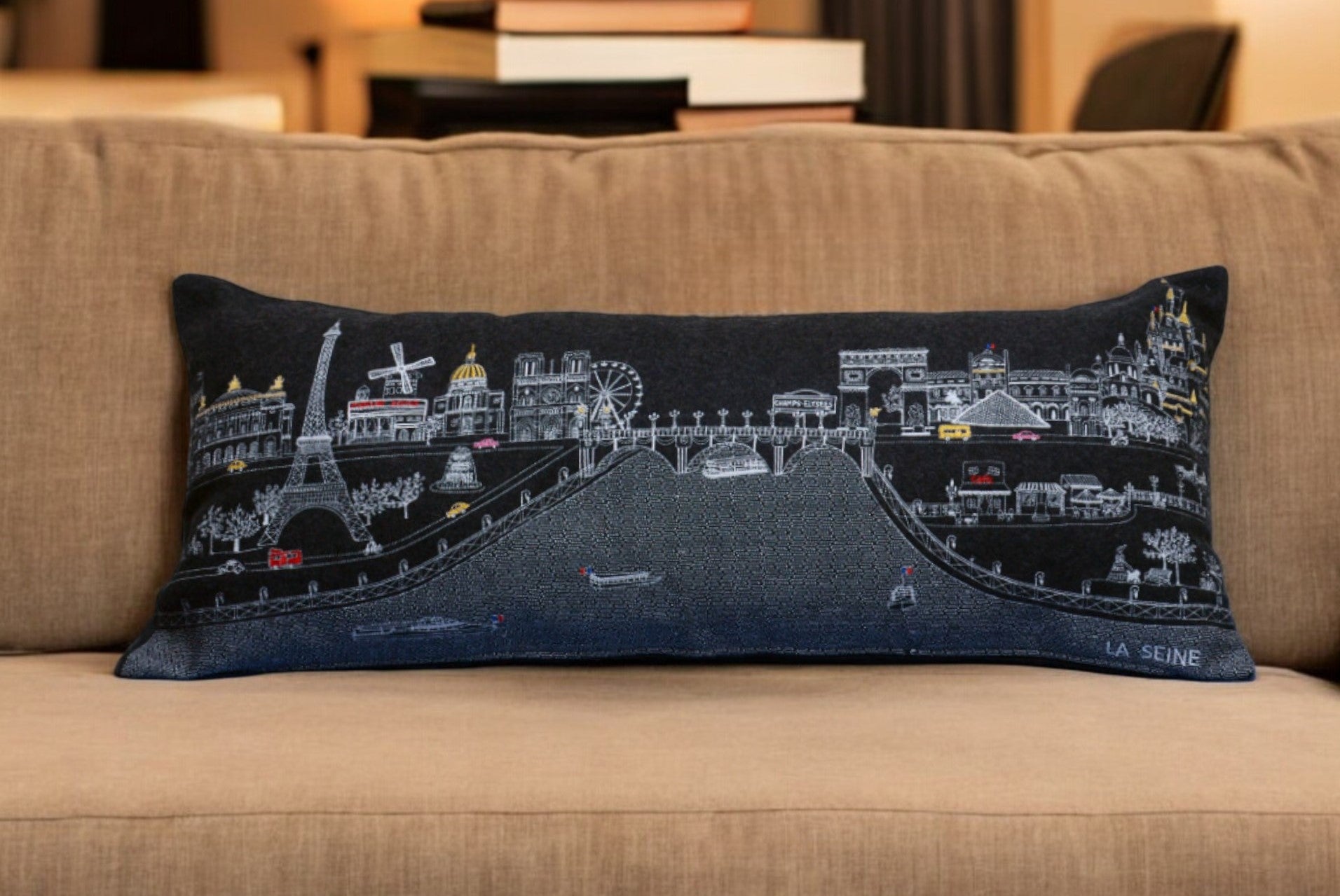 35" Black Paris Nighttime Skyline Standard Lumbar Decorative Pillow