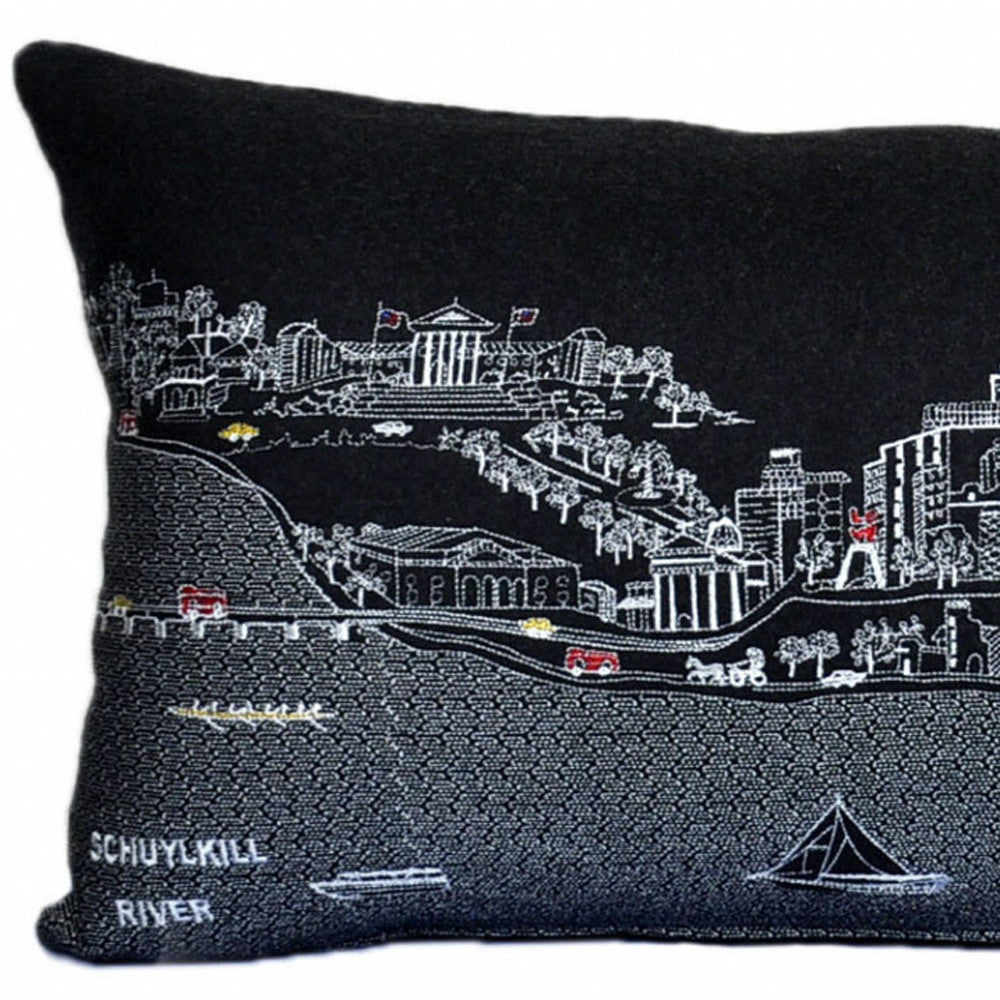 35" Black Philadelphia Nighttime Skyline Lumbar Decorative Pillow