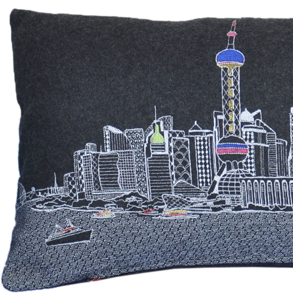 35" Black Shanghai  Nighttime Skyline Lumbar Decorative Pillow