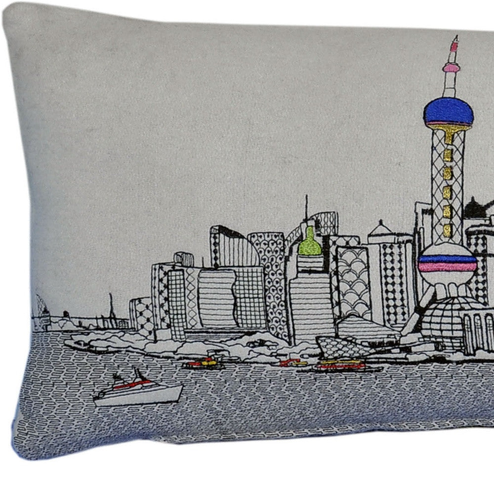 35" White Shanghai  Daylight Skyline Lumbar Decorative Pillow