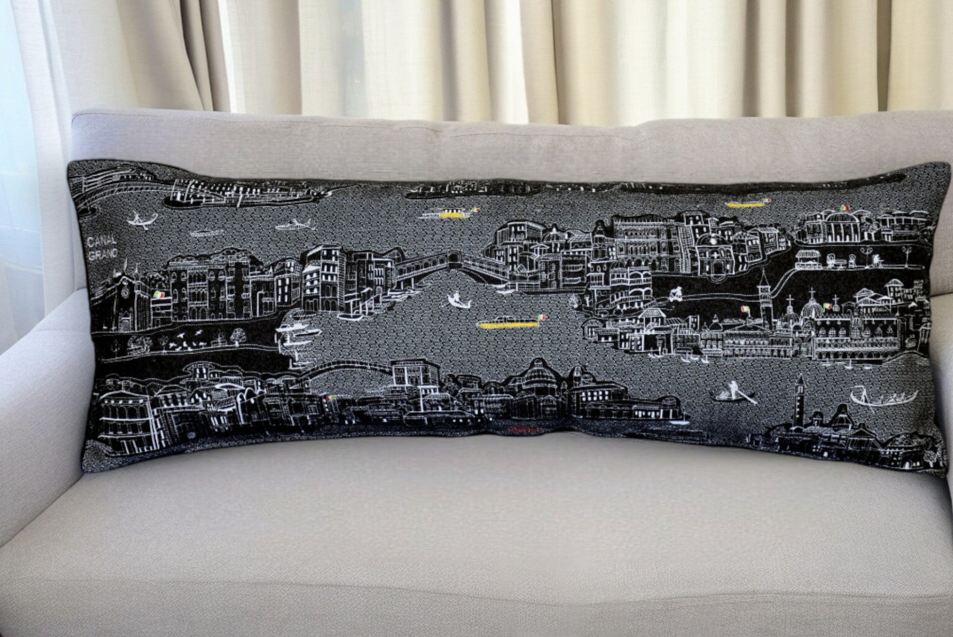 35" Black Venice Nighttime Skyline Lumbar Decorative Pillow