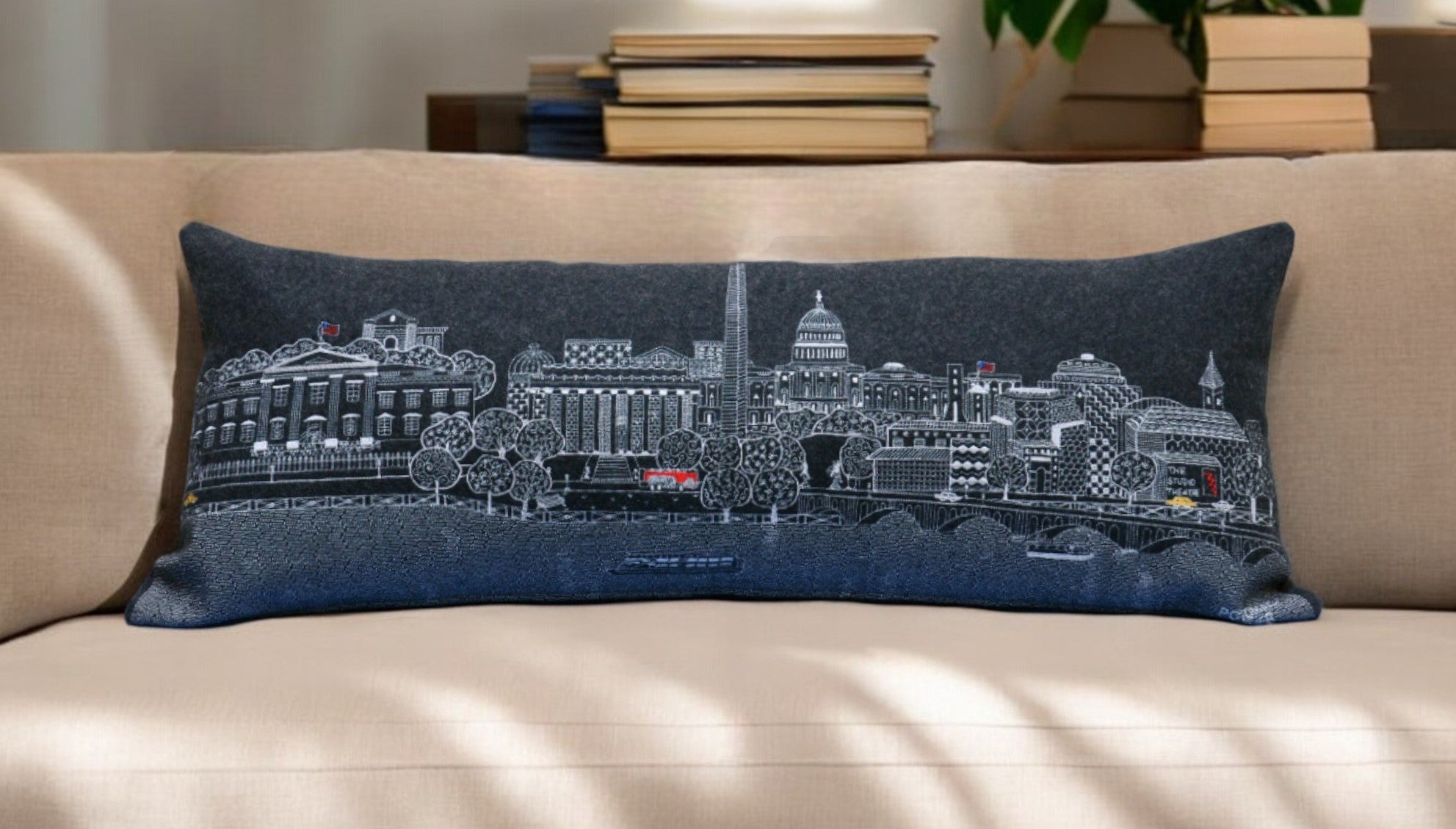 35" Black Washington DC Nighttime Skyline Lumbar Decorative Pillow