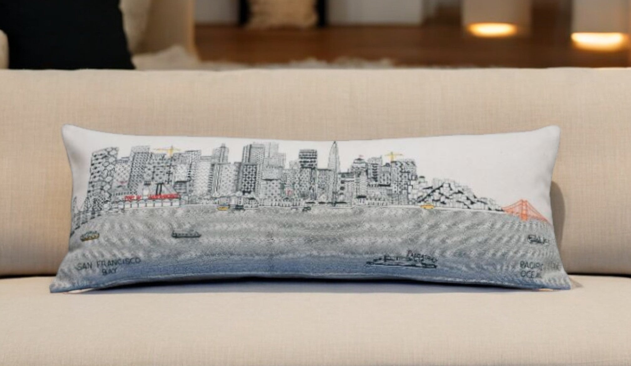 35" White San Francisco Daylight Skyline Lumbar Decorative Pillow