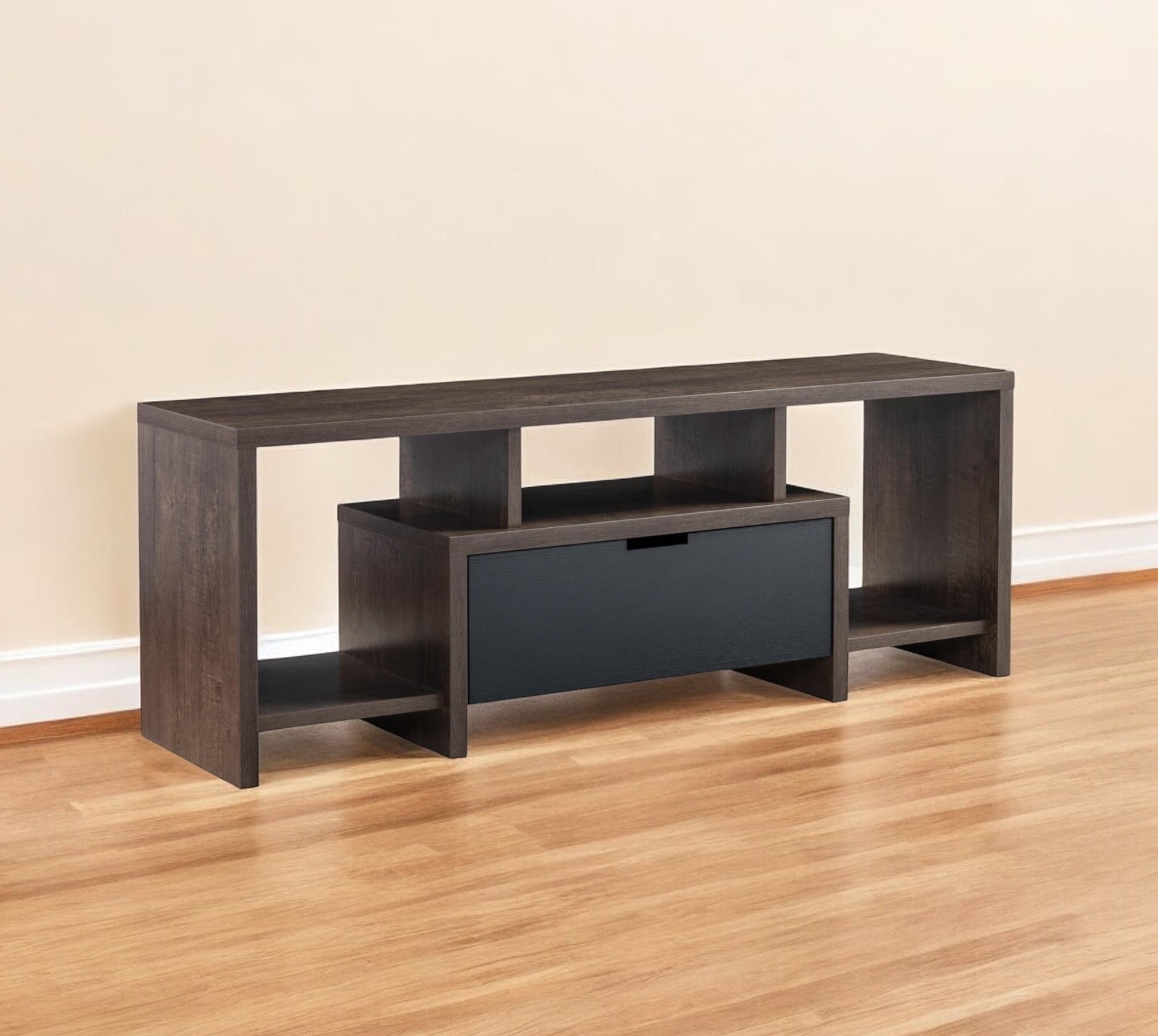 60" Walnut Oak And Black Manufactured Wood Cabinet Enclosed Storage TV Stand