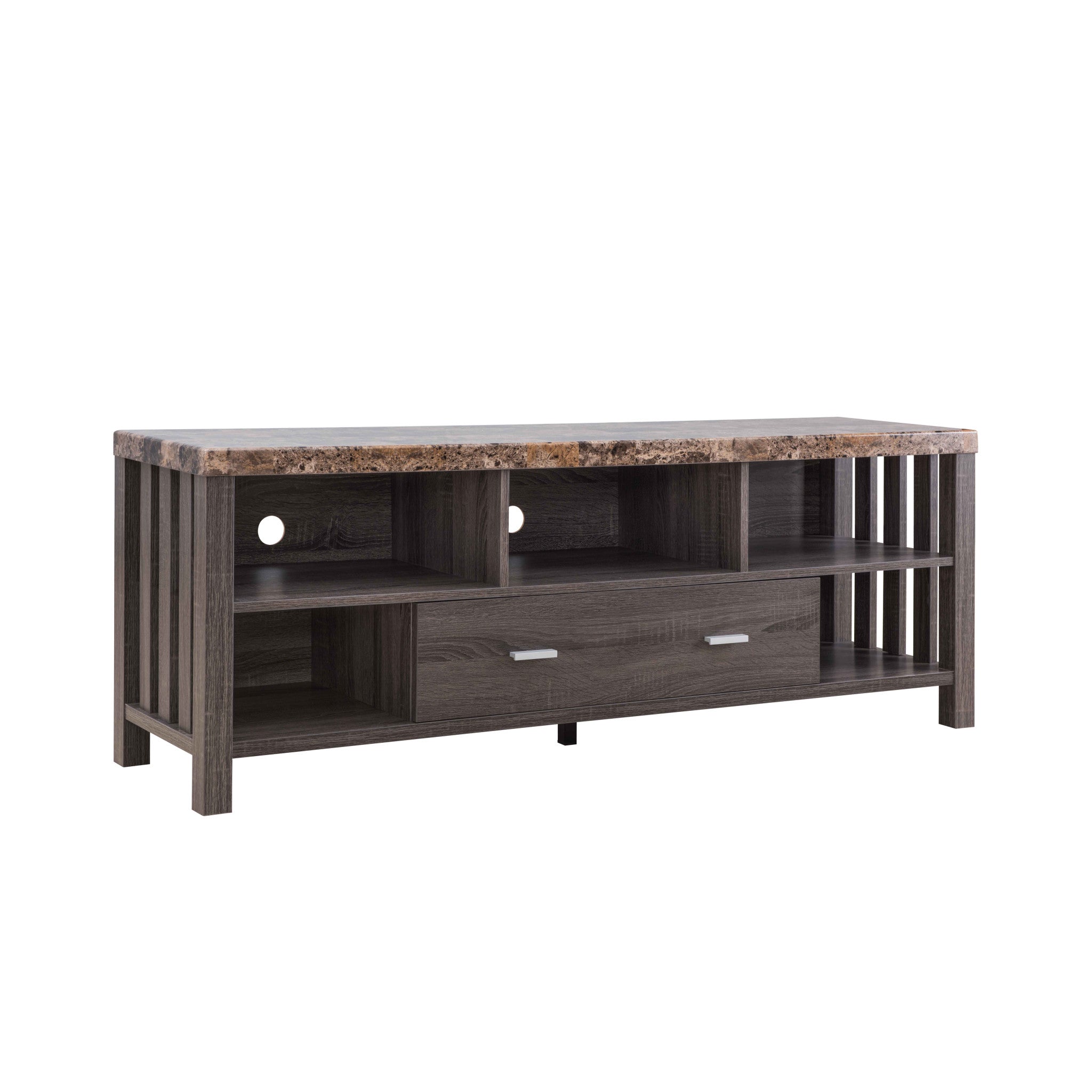 60" Dark Grey Faux Marble And Manufactured Wood Cabinet Enclosed Storage TV Stand