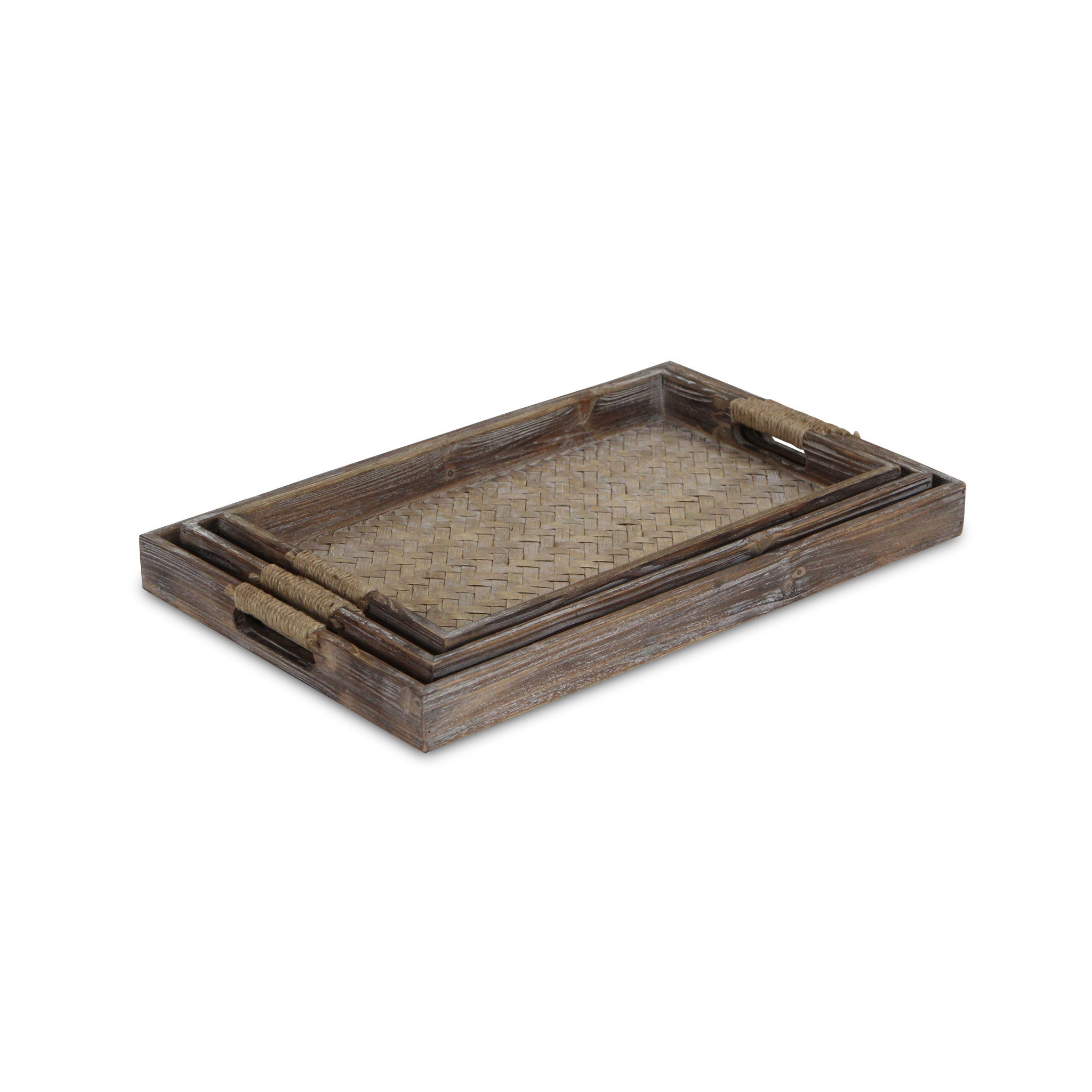 Set of Three Brown Rectangular Wood Handmade Serving Tray With Handles