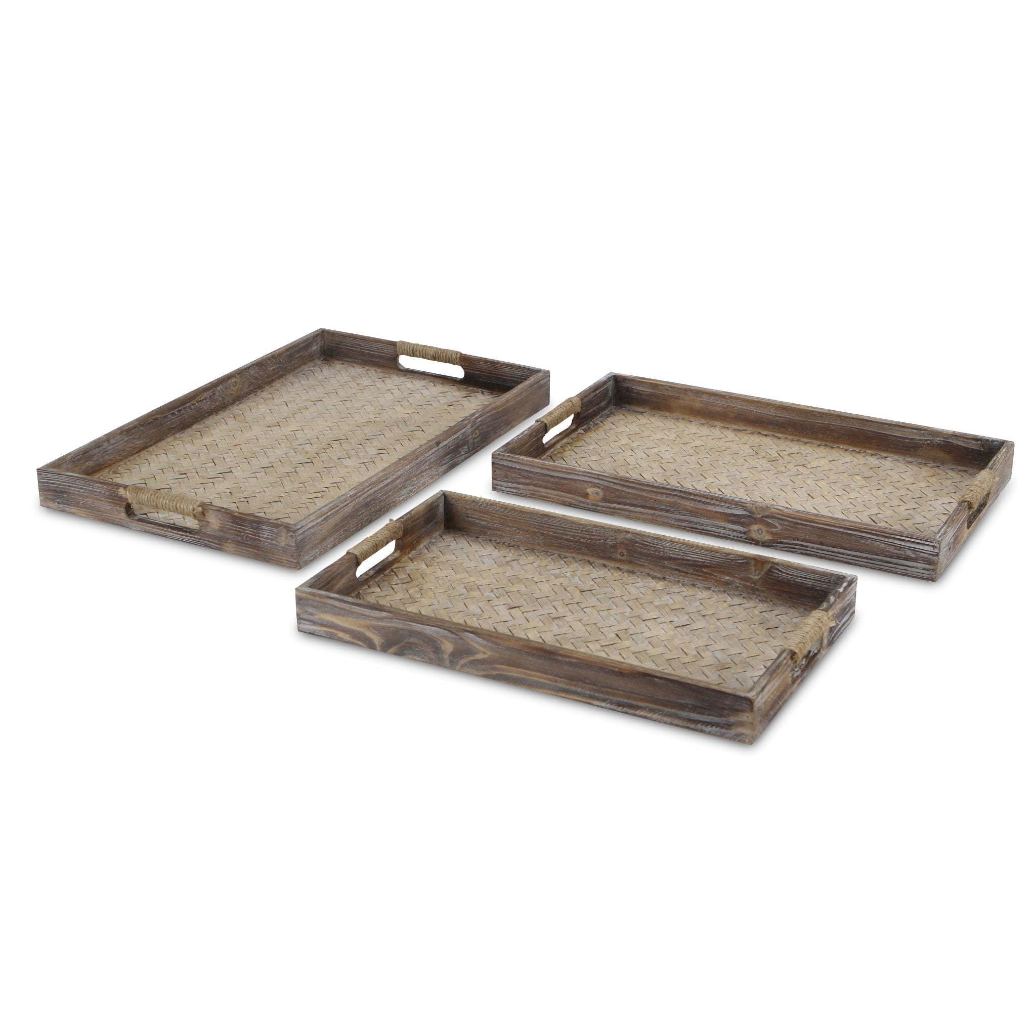 Set of Three Brown Rectangular Wood Handmade Serving Tray With Handles