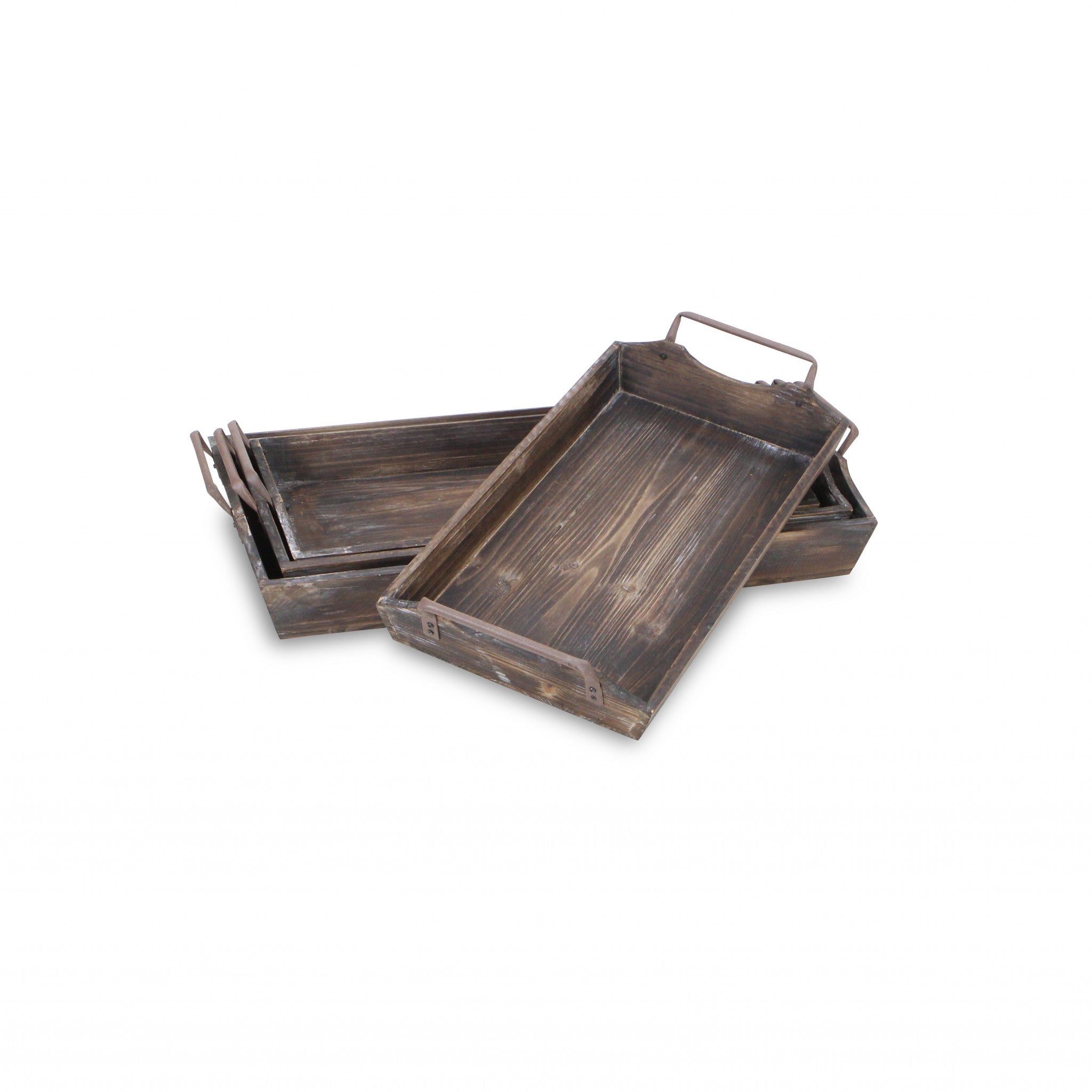 Set of Four Brown Wood Handmade Serving Tray With Handles