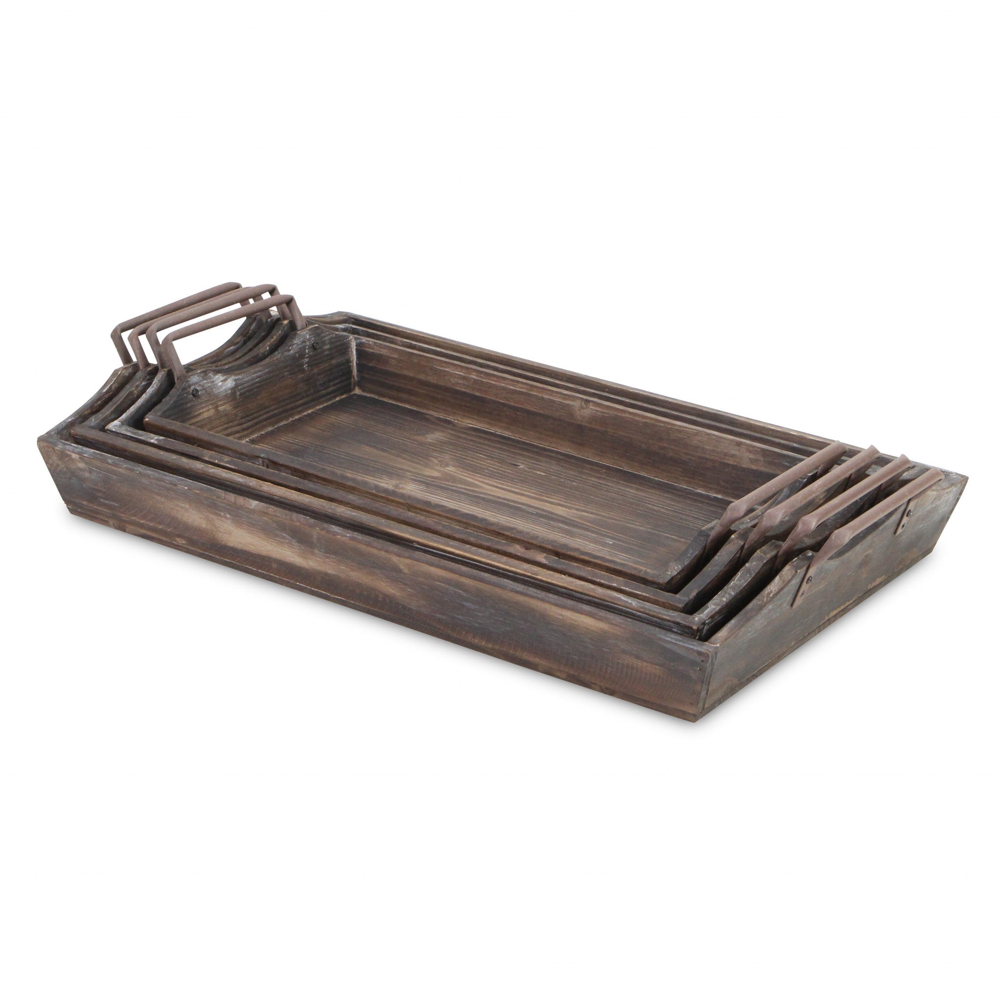 Set of Four Brown Wood Handmade Serving Tray With Handles