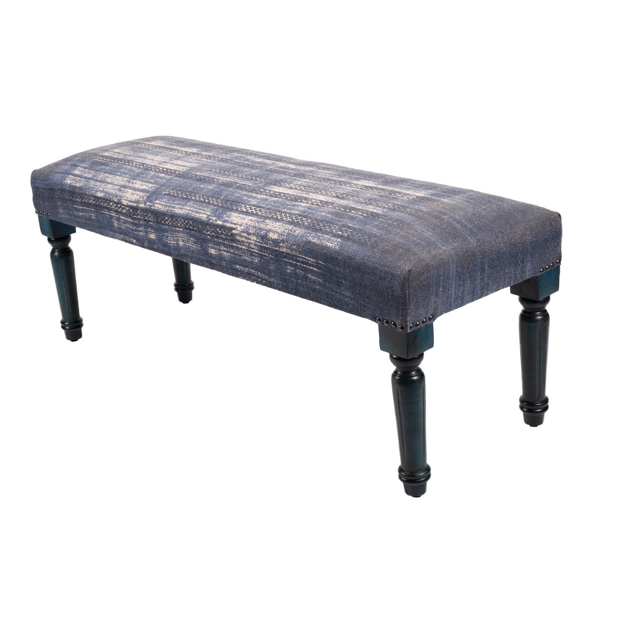 47" Blue And Cream Abstract Design Blue Leg Upholstered Bench