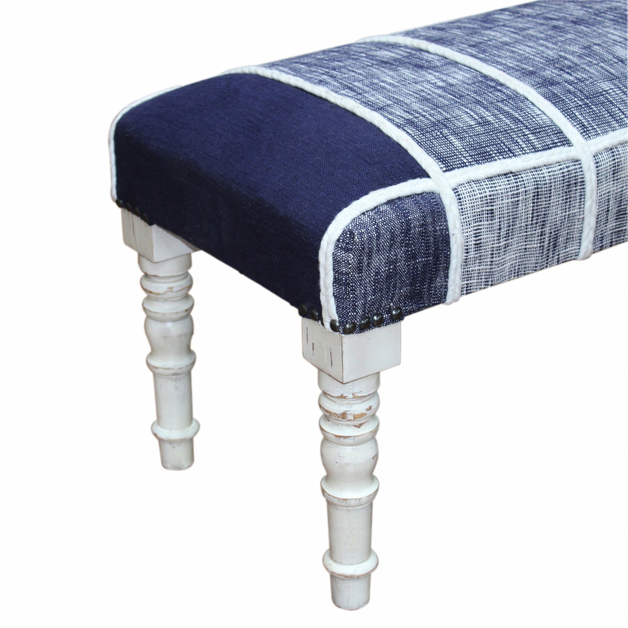 47" Blue And Gray Textural White Leg Upholstered Bench