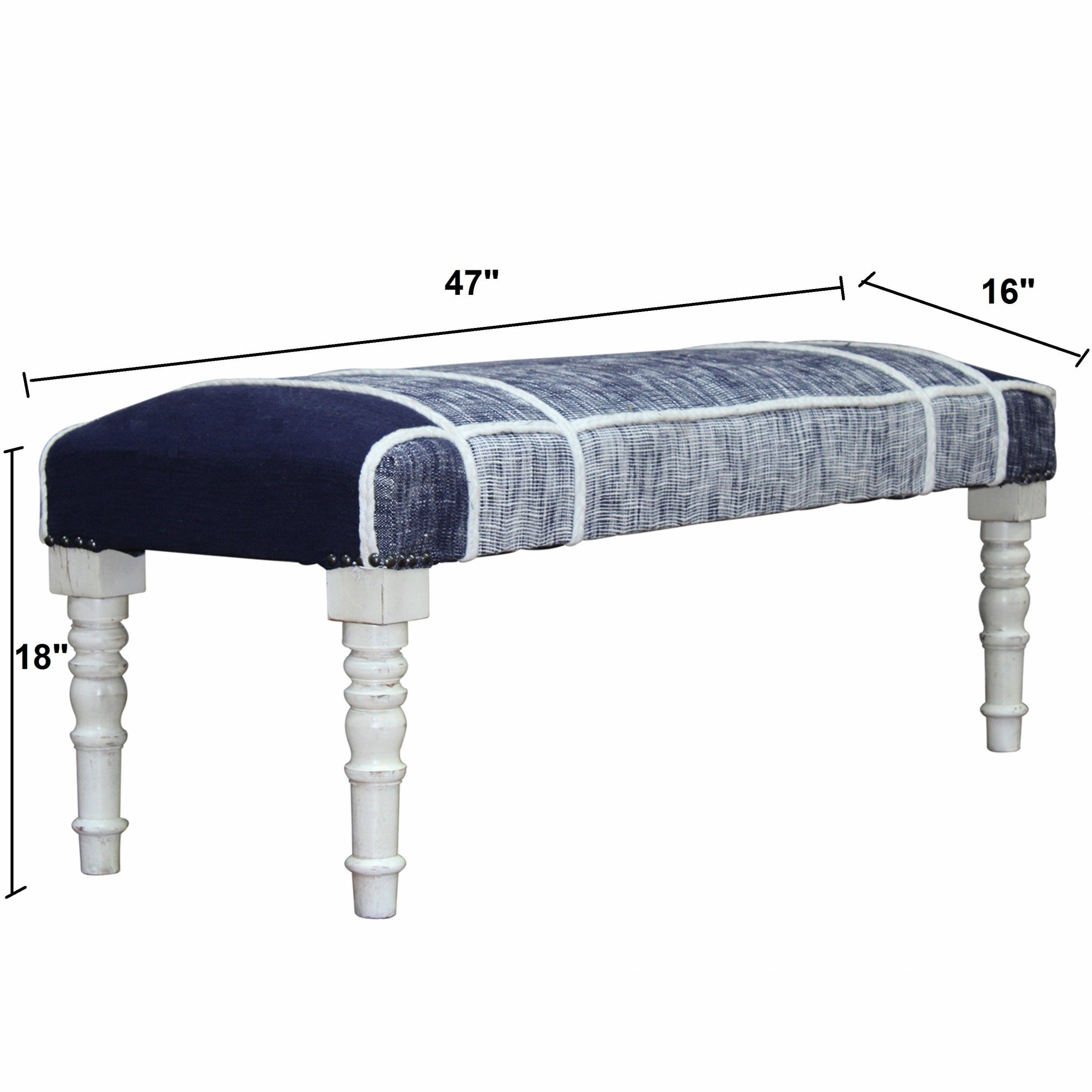 47" Blue And Gray Textural White Leg Upholstered Bench