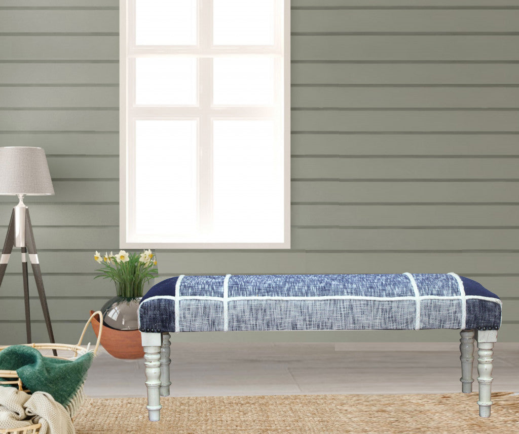 47" Blue And Gray Textural White Leg Upholstered Bench