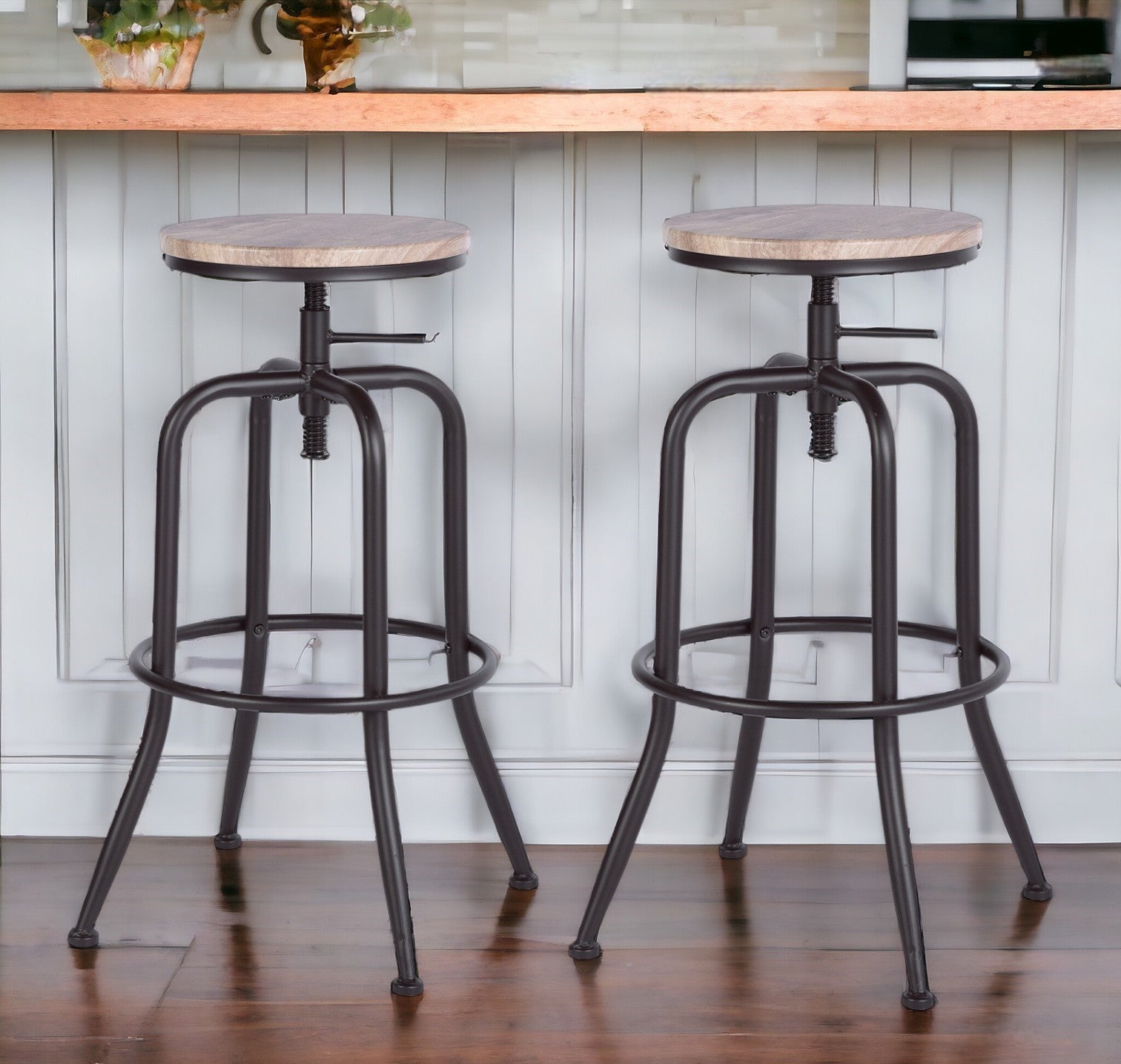 Set of Two Natural And Black Solid Wood And Steel Swivel Backless Counter Height Bar Chairs