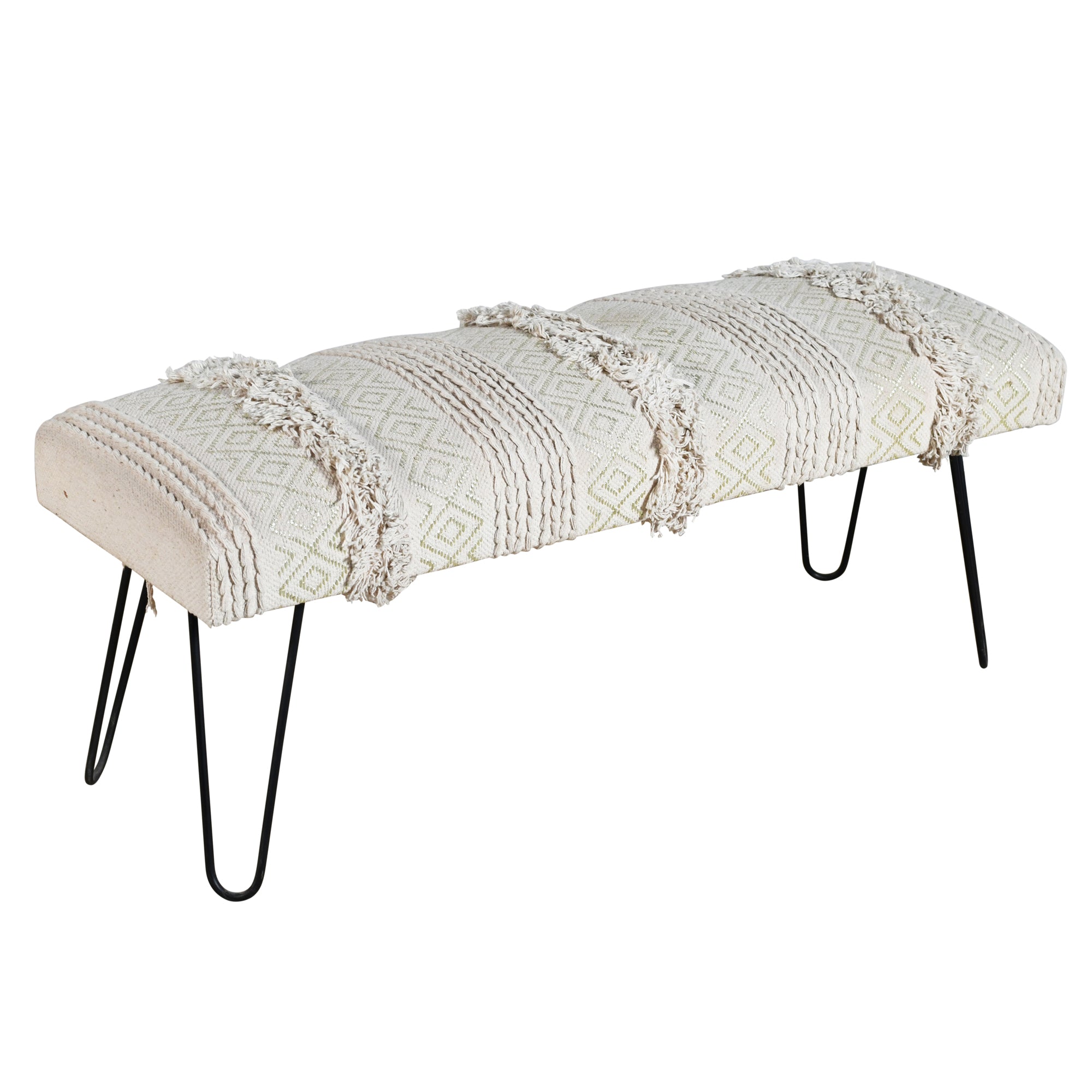 47" Ivory And Gold Geometric Black Leg Upholstered Bench