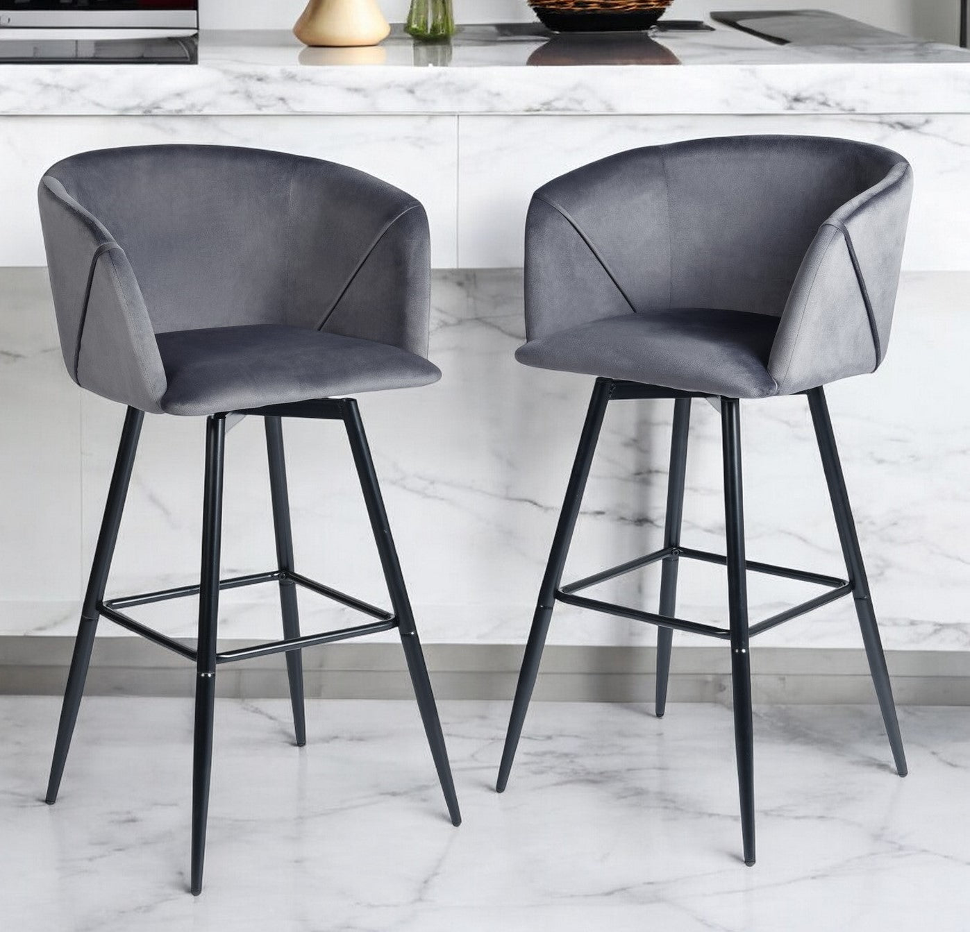 Set of Two 28" Gray And Black Velvet And Steel Low Back Bar Height Bar Chairs