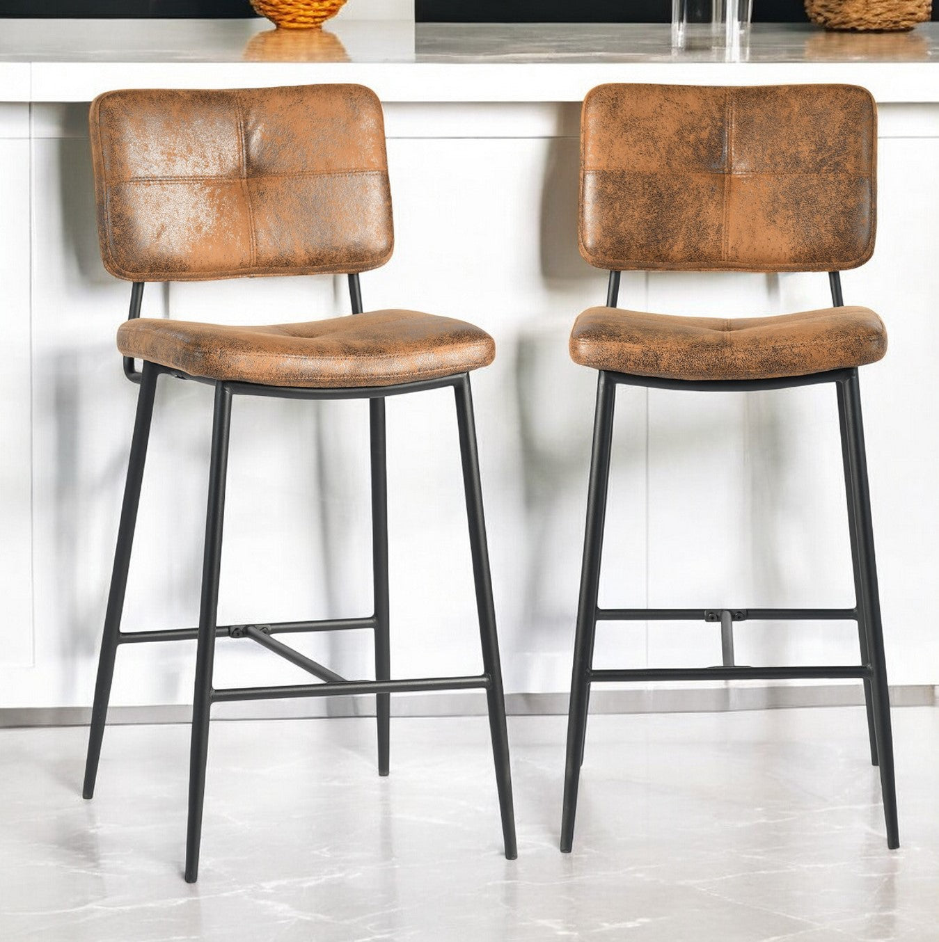 Set of Two 27" Brown And Black Faux Leather And Steel Low Back Counter Height Bar Chairs