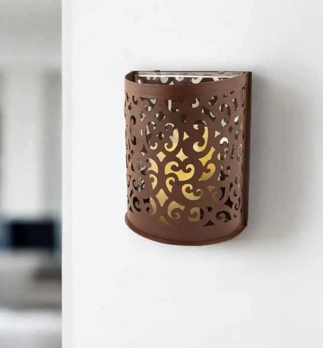 9" Brown Iron Floral Wall Sconce Candle Holder With Candle