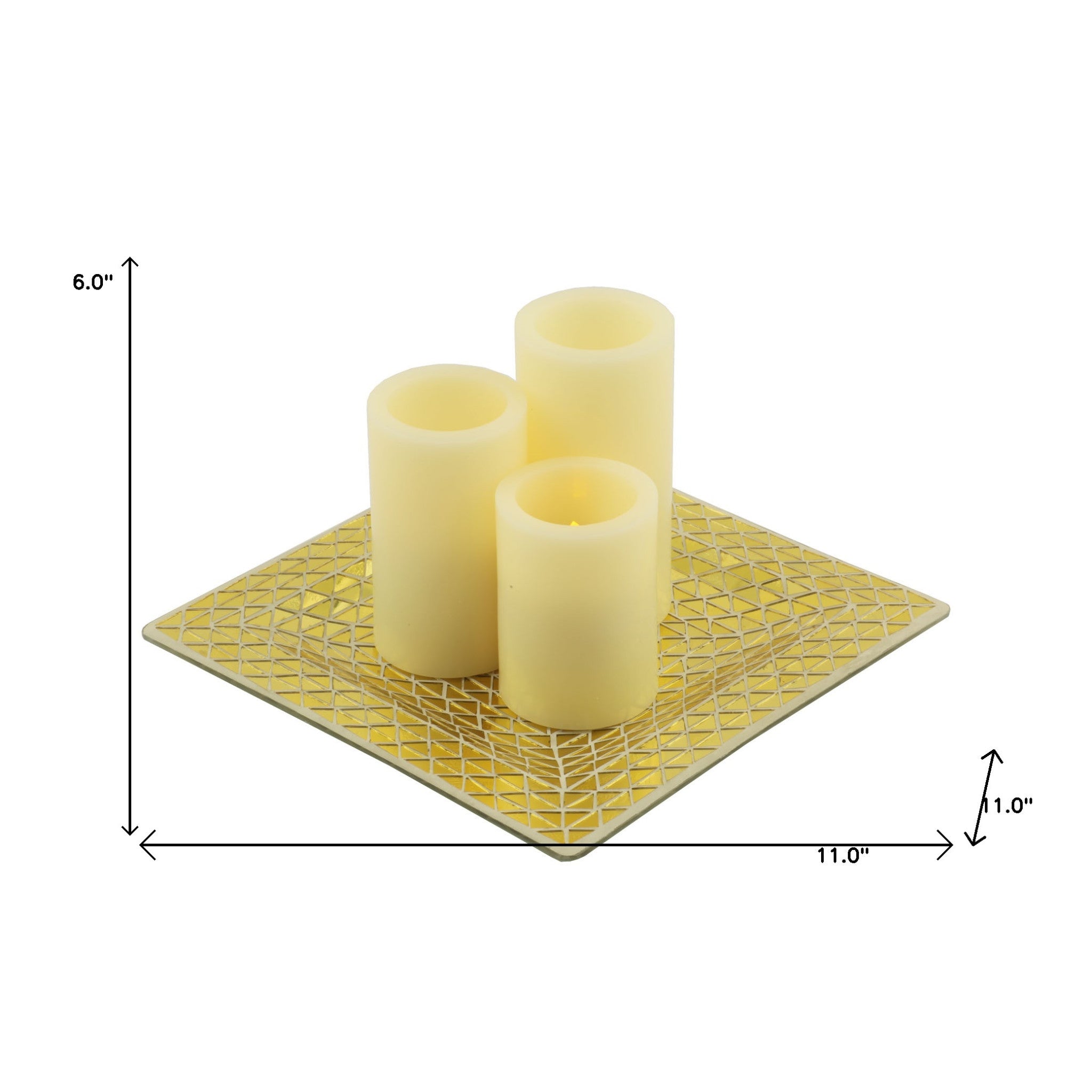 Set of Three Gold Flameless Pillar Candles With Holder