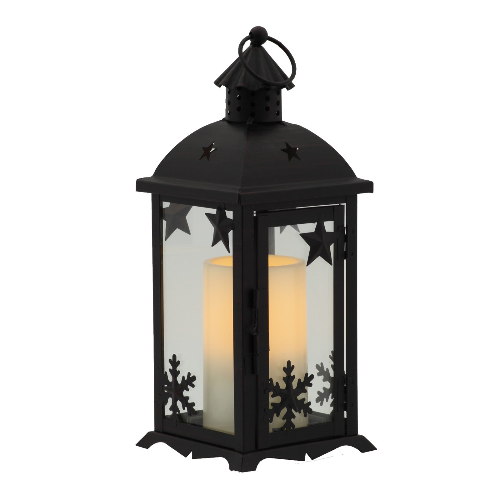 12" Black Glass and Metal Ornate Centerpiece Lantern Candle Holder With Candle